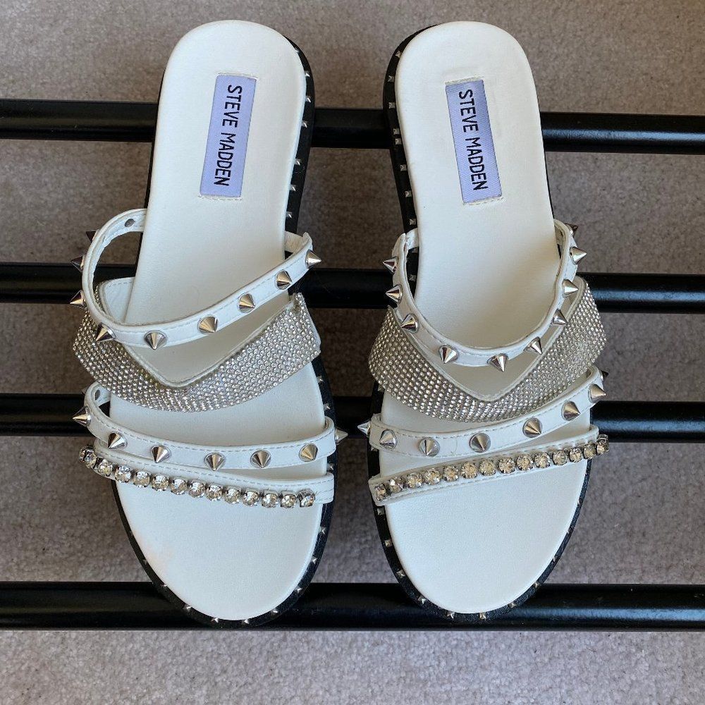 STEVE MADDEN Women Lindy Gemstone Spike Embellished Slide Sandals - NEW …